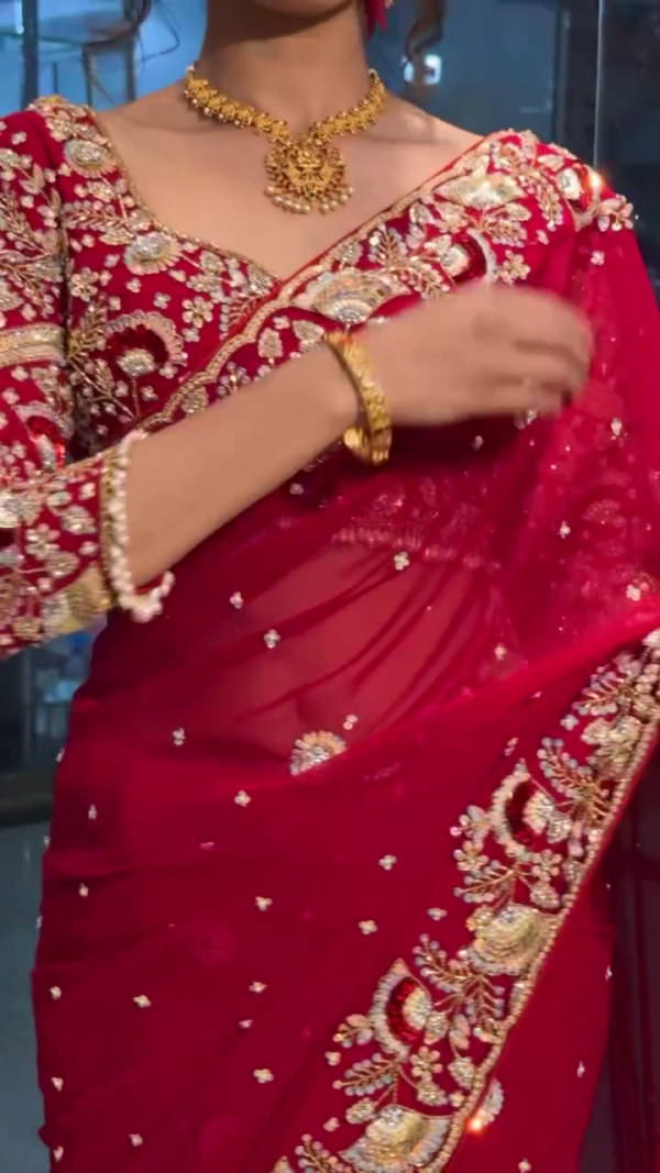 Radiant Beauty: Red Bridal Saree with Golden Embroidery - Image 6