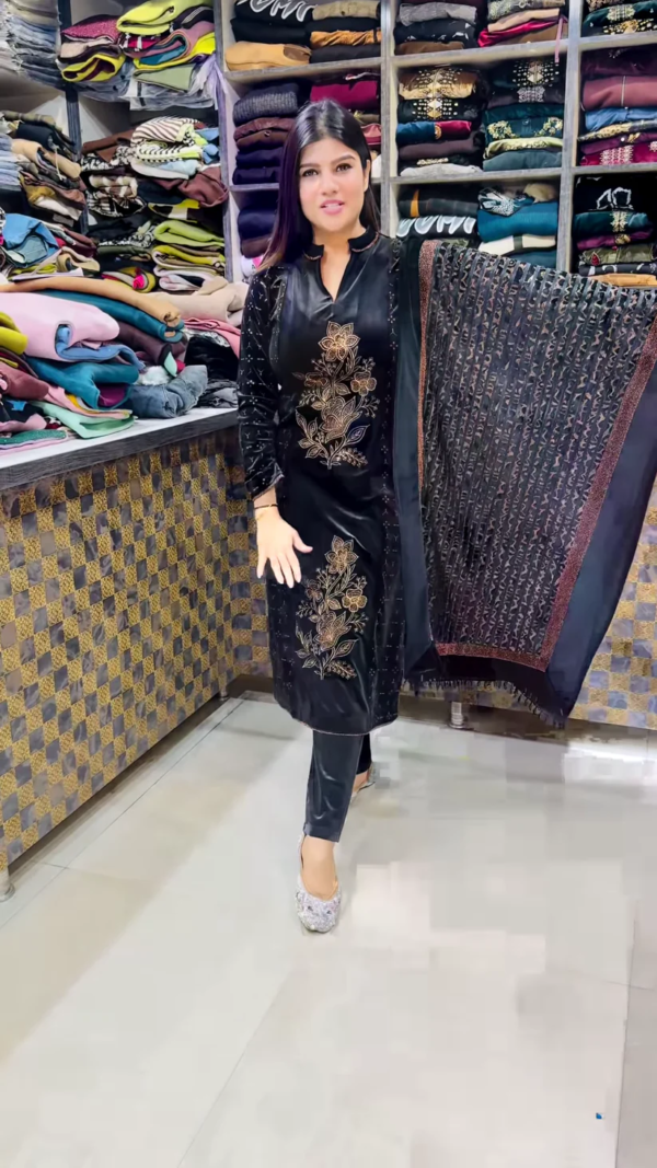 Shiroskee Angle: Premium Velvet Party Wear Suit with Shawl - Image 3