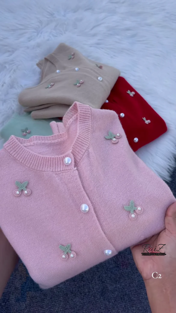 Clara round neck soft knit pearl button cardigan - Image 6