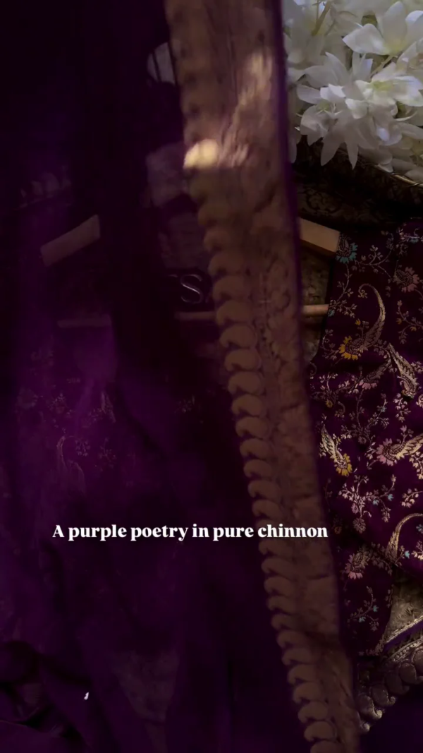 A pure chinnon purple jacquard and embroidery saree is a stunning choice for traditional and festive occasions - Image 2