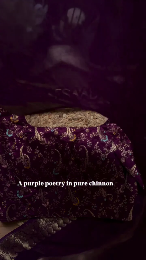 A pure chinnon purple jacquard and embroidery saree is a stunning choice for traditional and festive occasions - Image 4