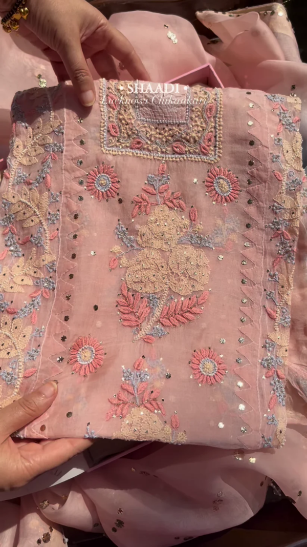 pink colour heavy chikankari suit set with koti - Image 4