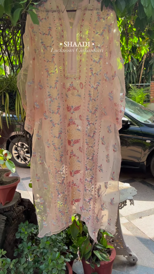 pink colour heavy chikankari suit set with koti - Image 3