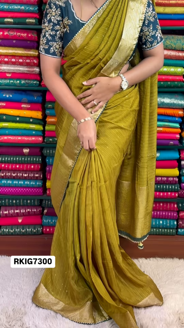 Georgette Sequence Designer Ready To Wear Blouge MehandhiGreen And Dark RamaGreen Saree - Image 4