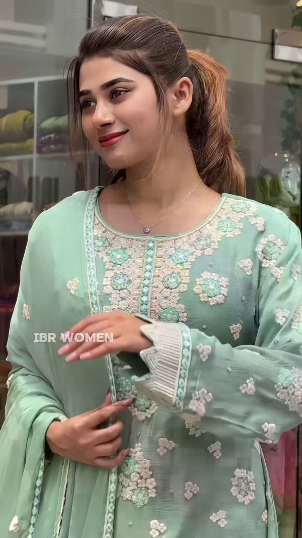 Stunning Yellow and Pista Green Embroidered Anarkali Set - Image 4