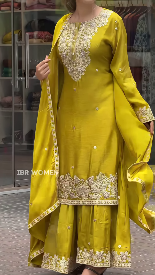 Stunning Yellow and Pista Green Embroidered Anarkali Set - Image 5