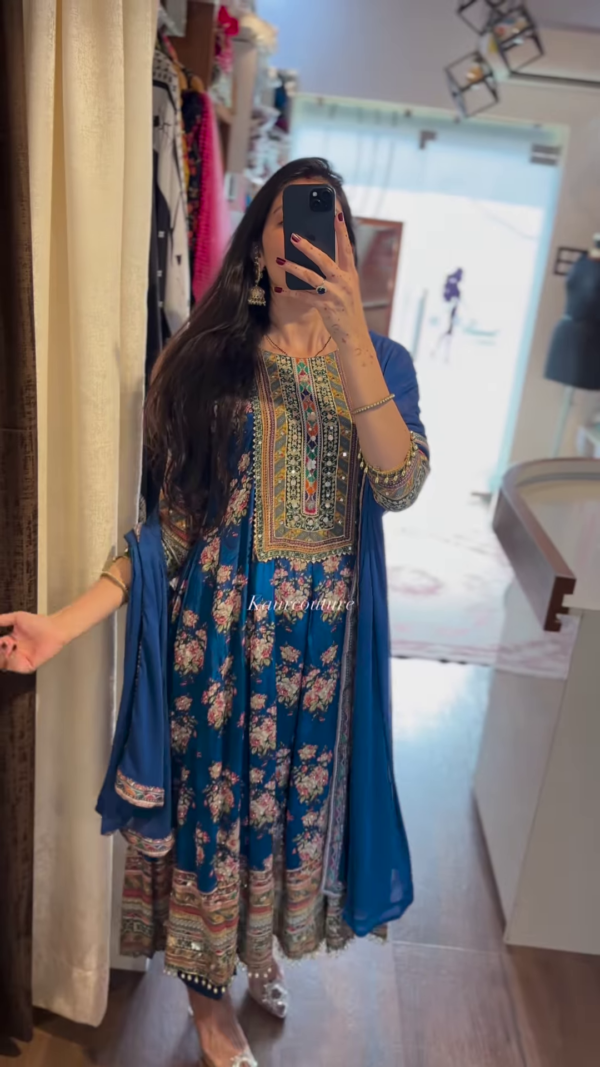 Royal Blue & Red Ethnic Elegance – Timeless Floral & Mirror Work - Image 3
