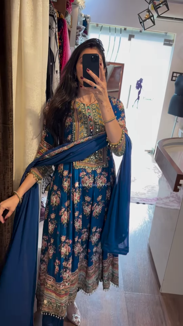 Royal Blue & Red Ethnic Elegance – Timeless Floral & Mirror Work - Image 4
