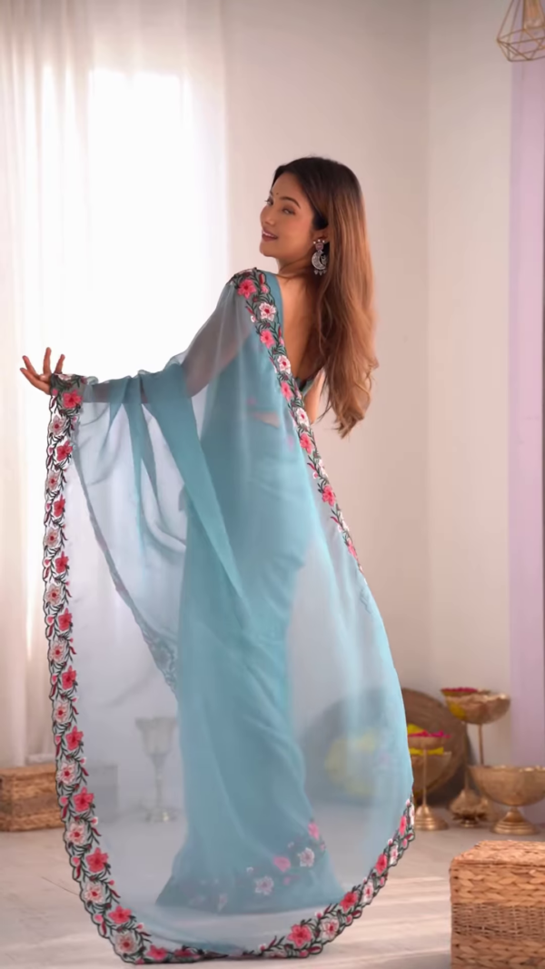 Teal Serenity – A Floral Dream in a Saree - Image 4