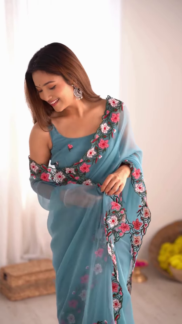 Teal Serenity – A Floral Dream in a Saree - Image 2
