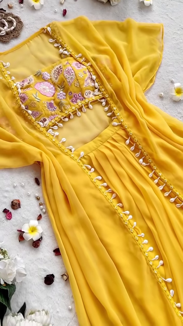 🌼 Sunshine Glow – Yellow Embroidered Cape Set with Shell Detailing 🌼 - Image 2
