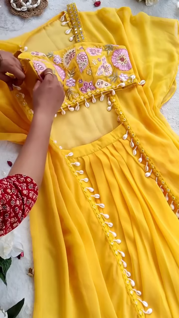 🌼 Sunshine Glow – Yellow Embroidered Cape Set with Shell Detailing 🌼 - Image 4