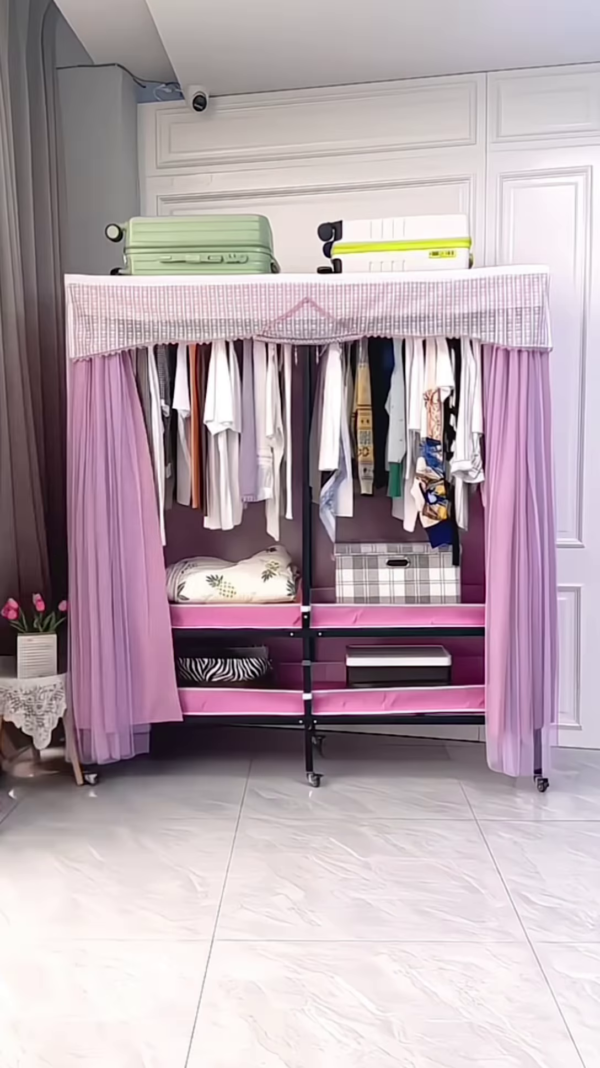 "Portable Fabric Wardrobe Organizer - Lightweight Rolling Clothes Storage with Lavender Curtains"