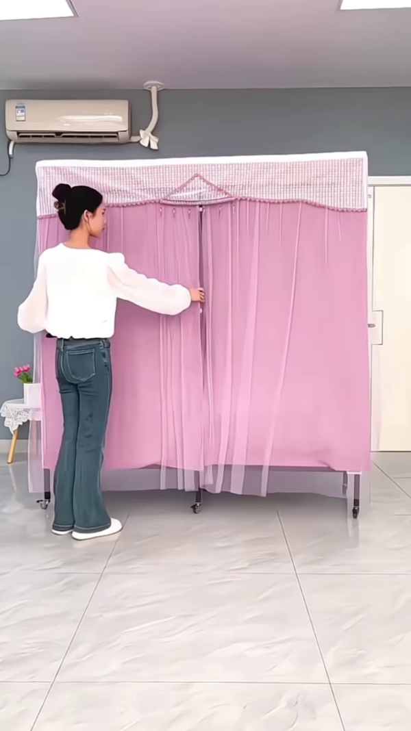"Portable Fabric Wardrobe Organizer - Lightweight Rolling Clothes Storage with Lavender Curtains" - Image 4