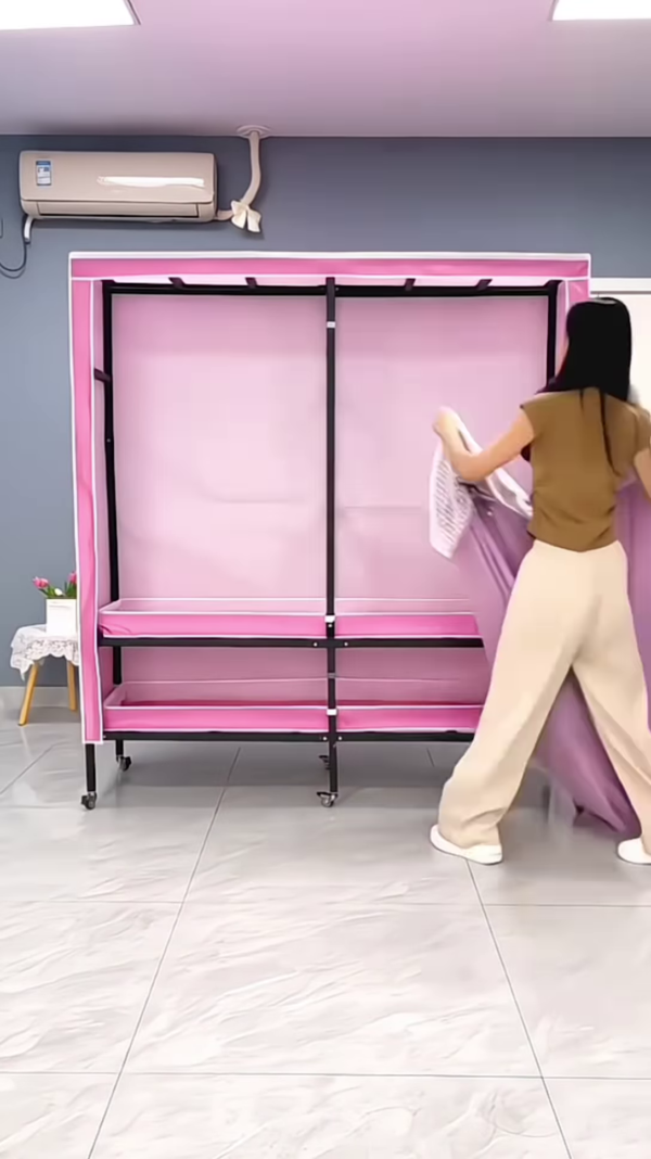 "Portable Fabric Wardrobe Organizer - Lightweight Rolling Clothes Storage with Lavender Curtains" - Image 2