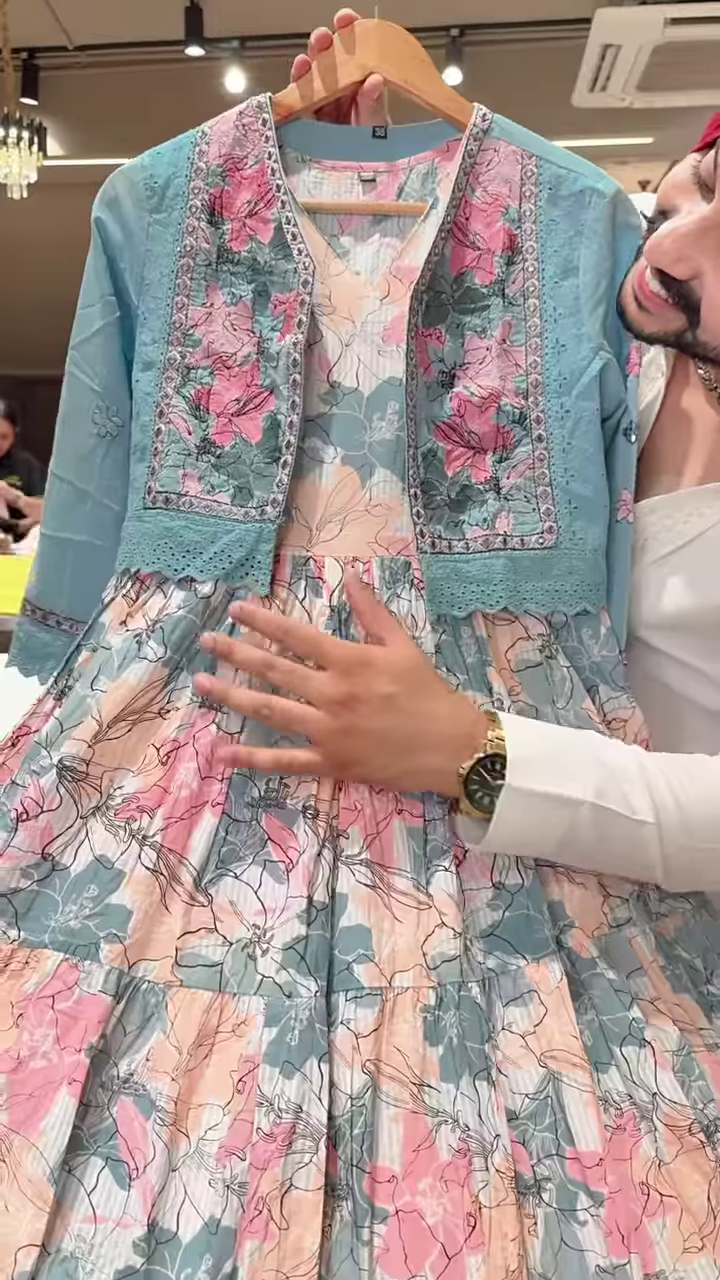 Floral Printed Dress with Embroidered Blue Jacket – Elegant Indo-Western Set for Women