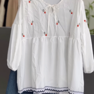 White Floral Embroidered Blouse with Tie Neck – Casual Chic Top Paired with Blue Jeans