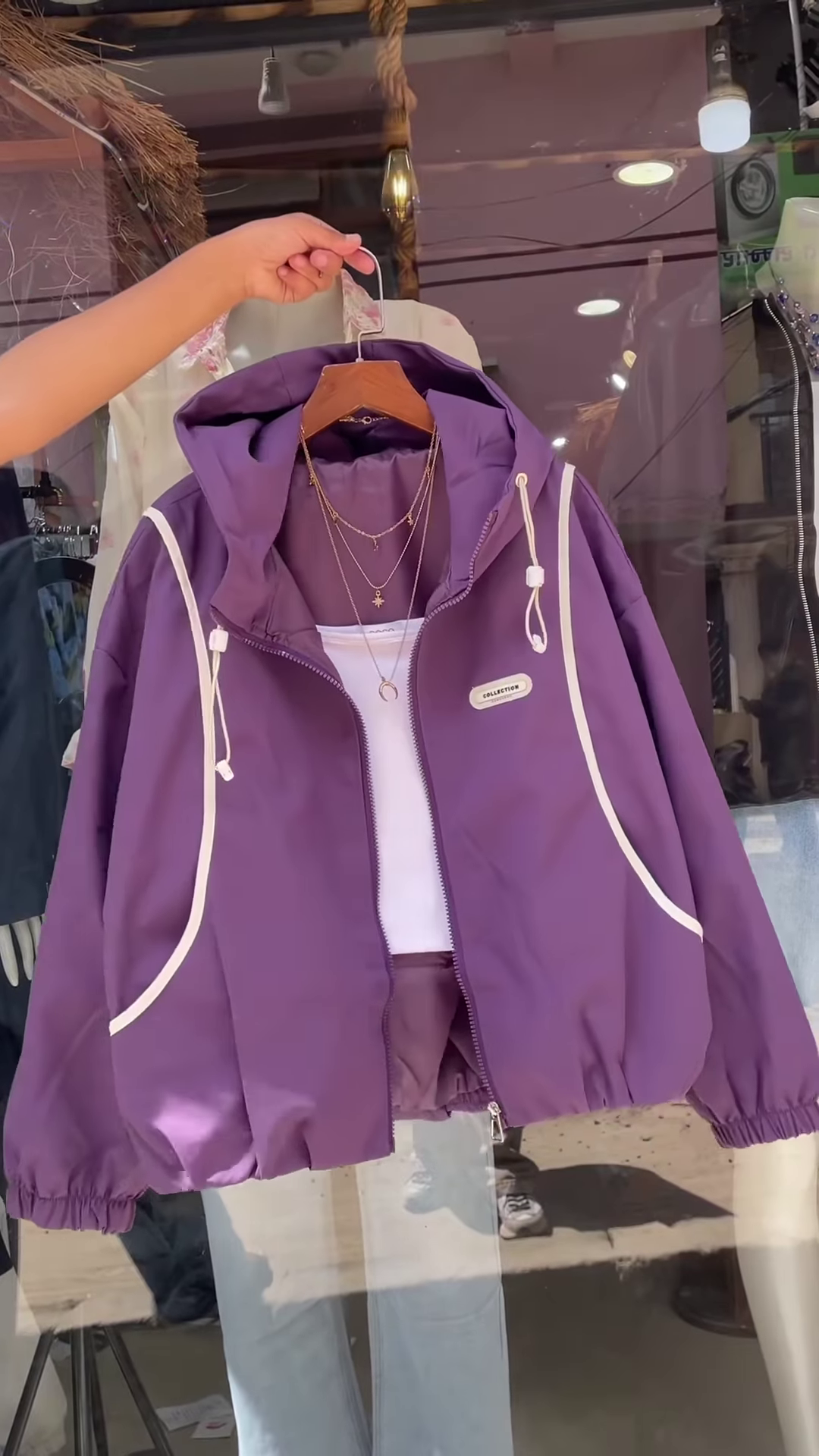 Purple Hooded Jacket with White Trim – Casual Streetwear Layer for Women