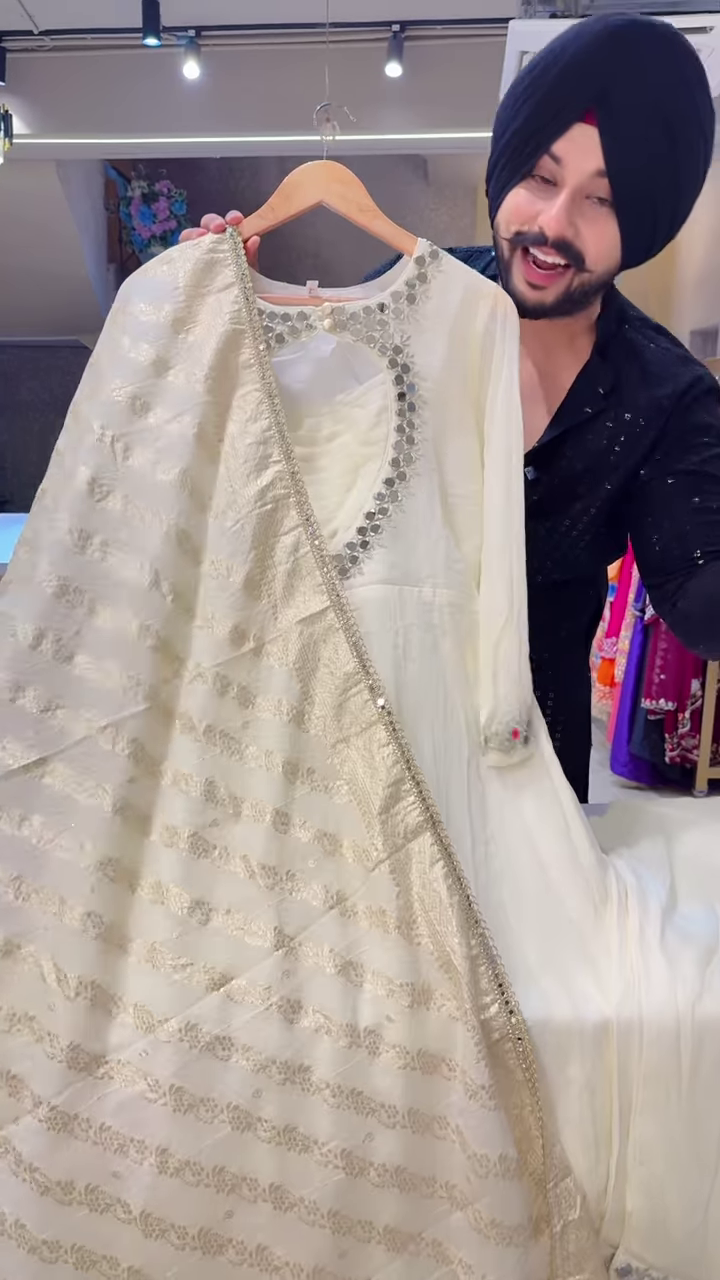White Mirror Work Anarkali Suit with Gold-Embroidered Dupatta – Elegant Festivewear for Women - Image 5