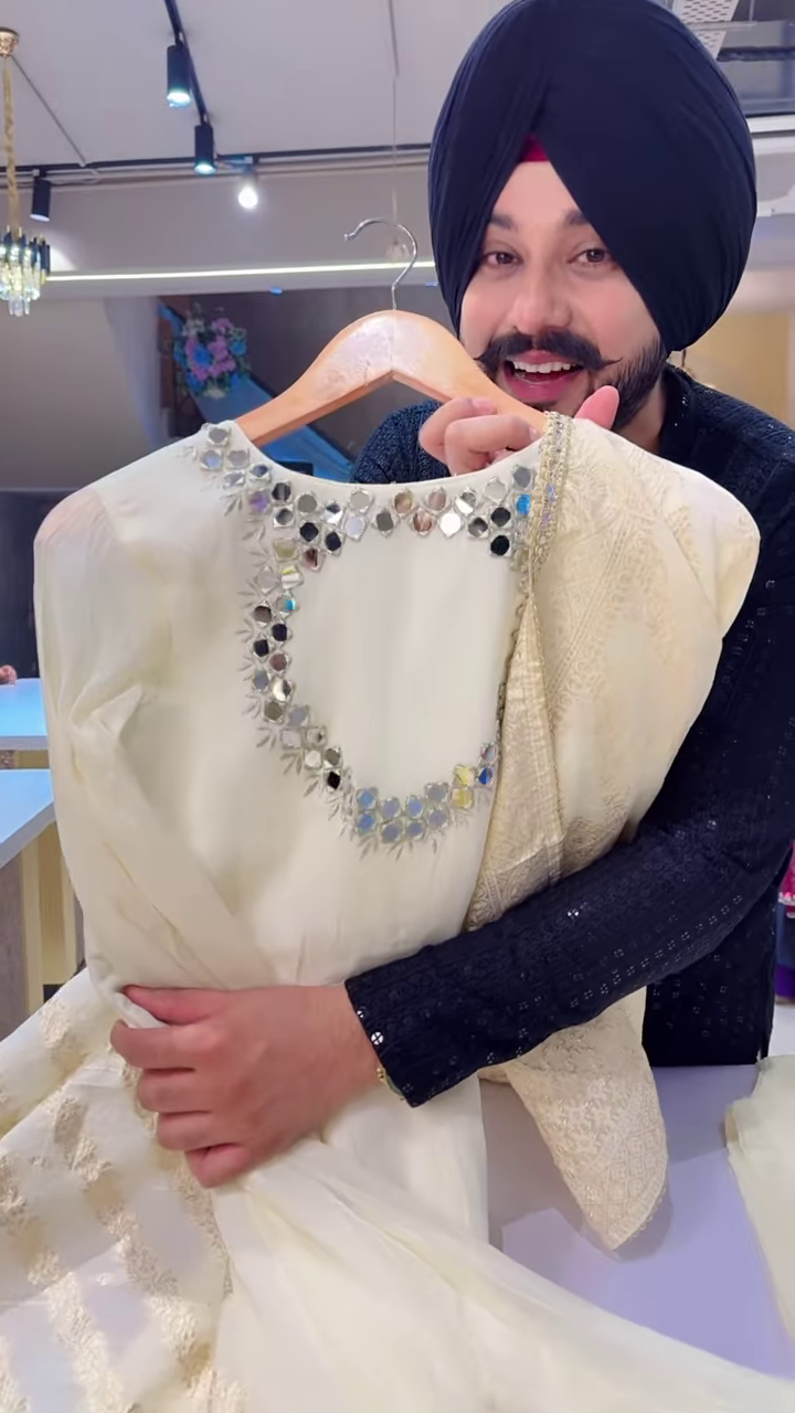 White Mirror Work Anarkali Suit with Gold-Embroidered Dupatta – Elegant Festivewear for Women - Image 2