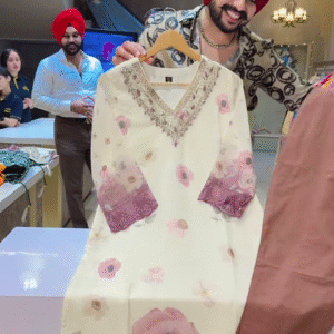 Cream Floral Embroidered Long Dress with Purple Lace Cuffs and Brown Bottoms