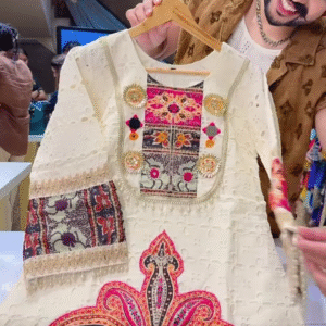 White Traditional Embroidered Kurta with Multicolor Floral and Geometric Motifs