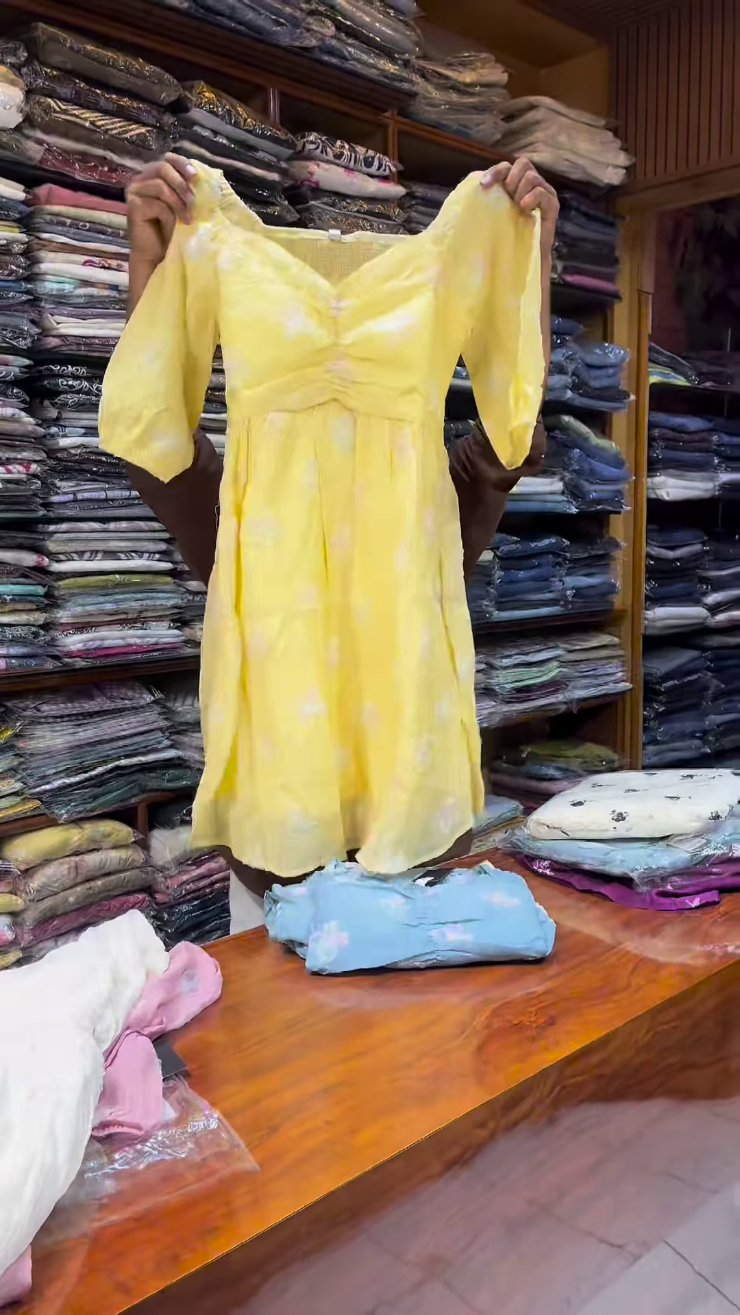 Light Blue Floral Printed Long-Sleeve Dress with Gathered Bodice for Women - Image 2