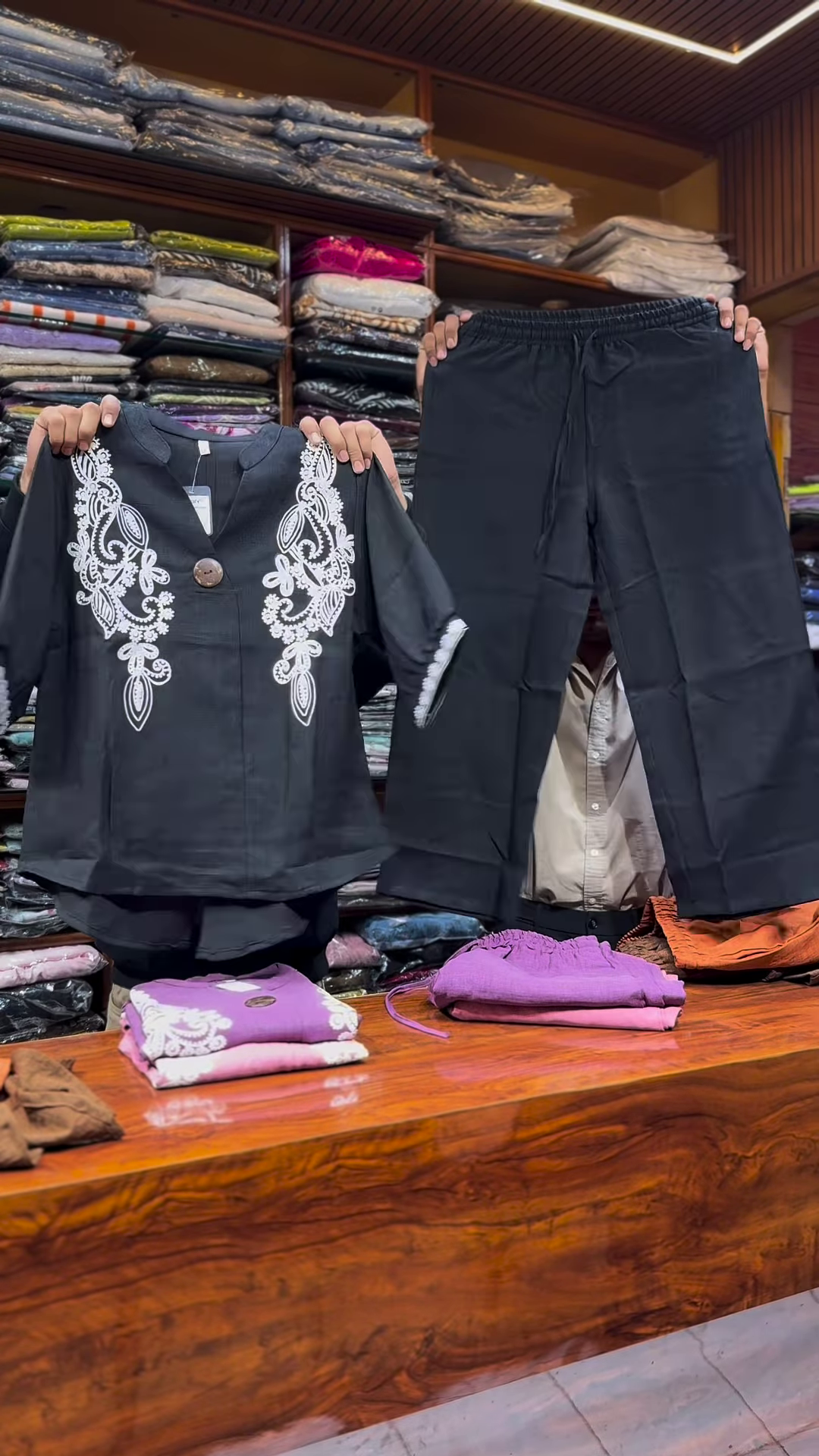 Pink Embroidered Two-Piece Set with Front Button Top and Elastic Waist Pants - Image 4