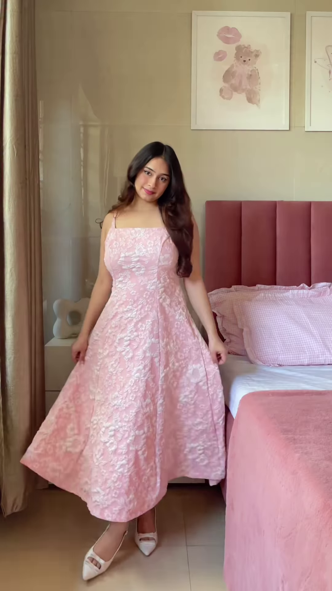 Sleeveless Pink A-Line Dress with White Floral Print and Thin Straps