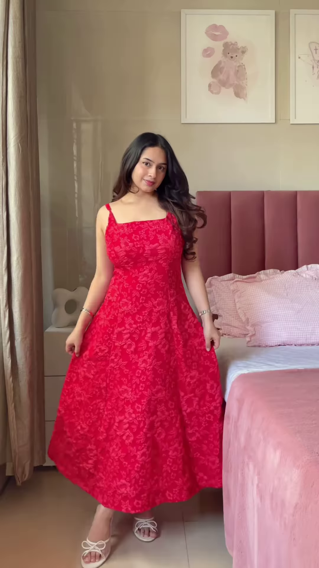 Sleeveless Pink A-Line Dress with White Floral Print and Thin Straps - Image 5