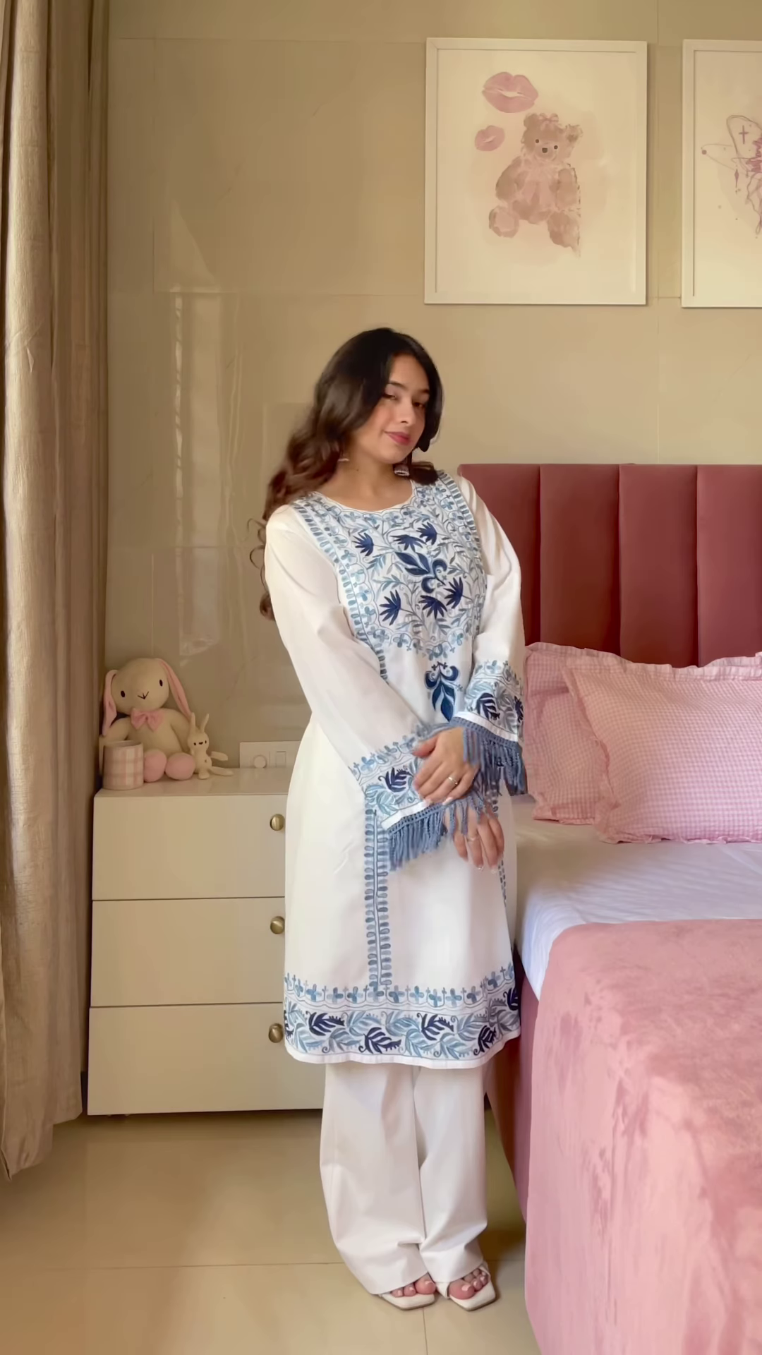 Purple Floral Embroidered Tunic with Light Blue Pants – Elegant Ethnic Co-Ord Set for Women - Image 3