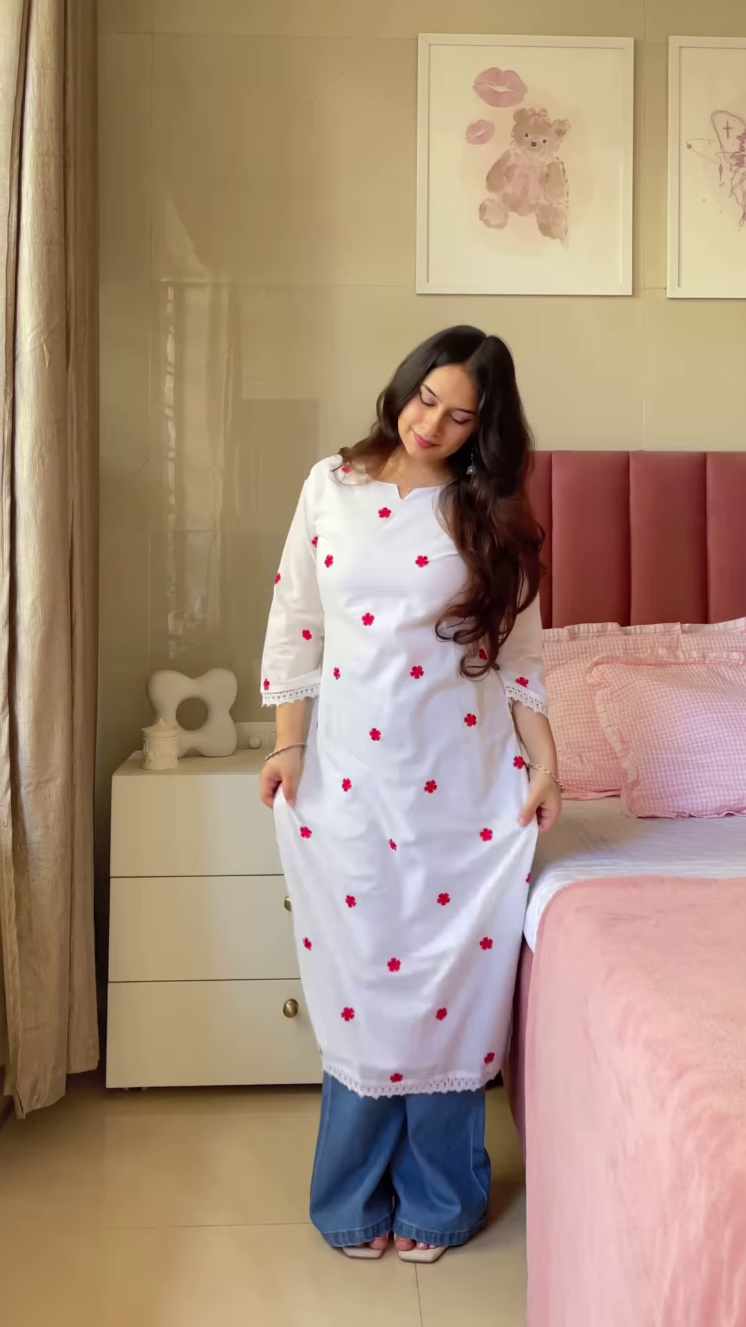 Purple Floral Embroidered Tunic with Light Blue Pants – Elegant Ethnic Co-Ord Set for Women - Image 2