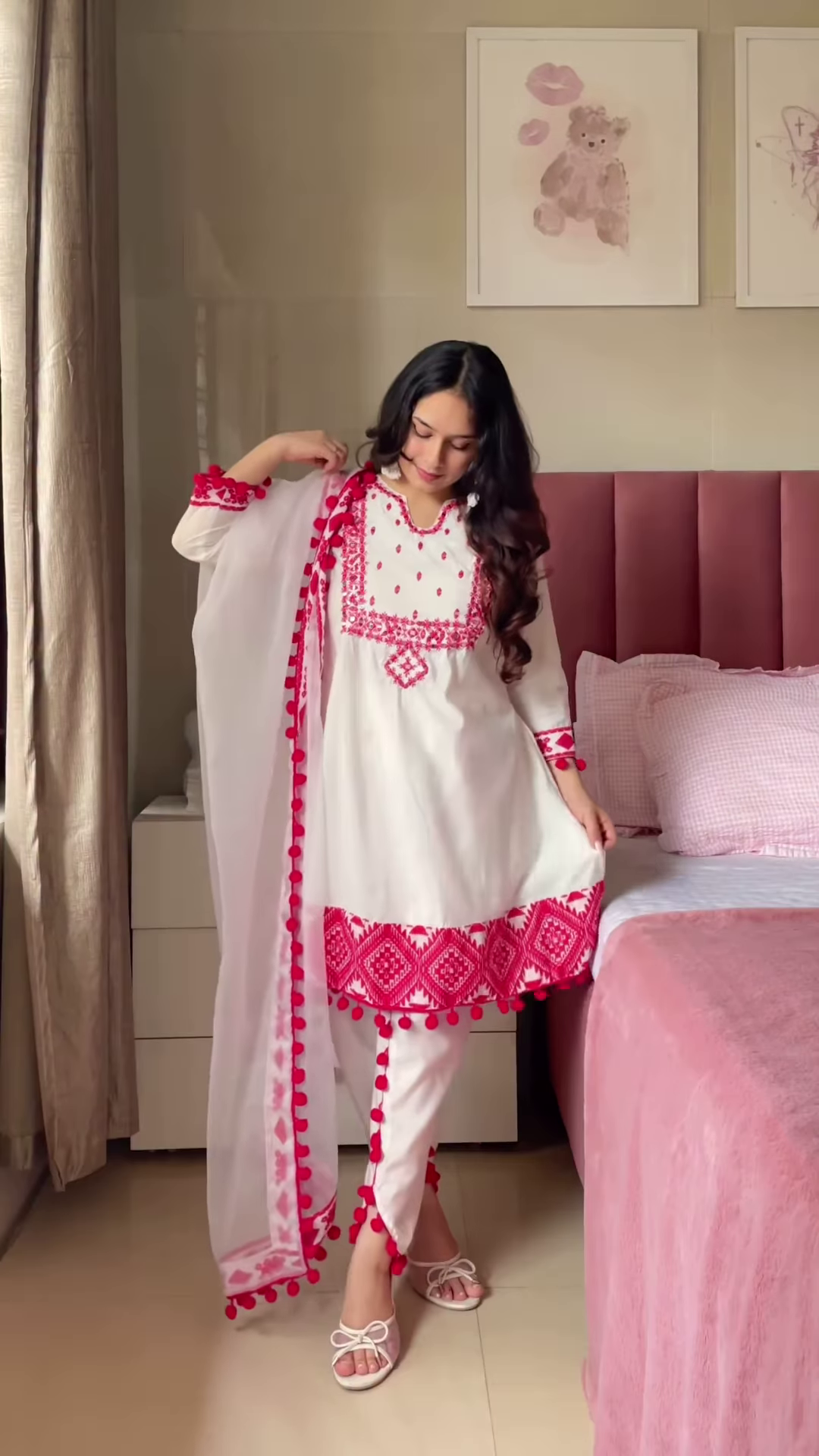 Blue Floral Kurta Set with Pom-Pom Dupatta – Ethnic Casualwear for Women - Image 4