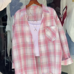 Women’s Pink & White Checkered Overshirt with White Tank Layer