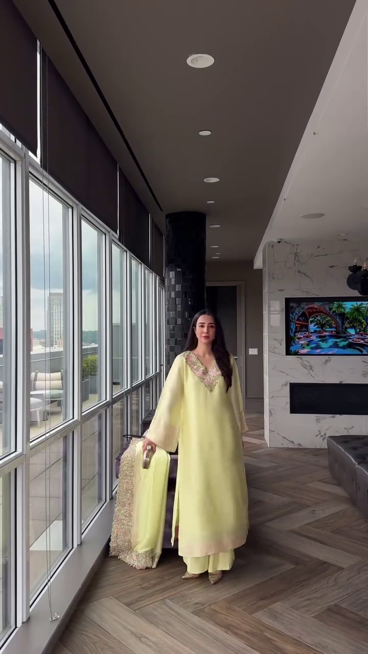 Elegant Pastel Lime Silk Kurta with Intricate Floral Neckline Embroidery and Matching Dupatta. - Image 7