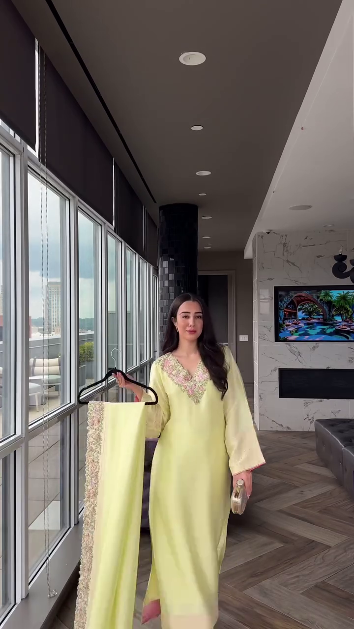 Elegant Pastel Lime Silk Kurta with Intricate Floral Neckline Embroidery and Matching Dupatta. - Image 8