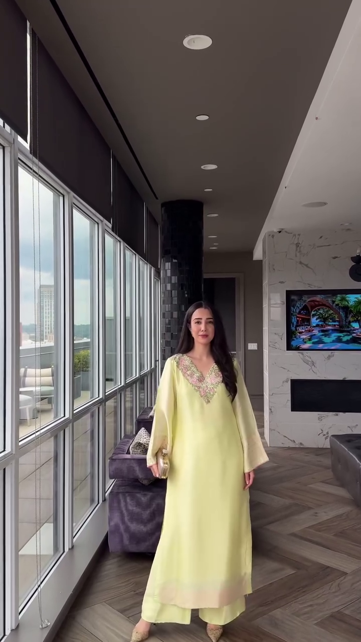 Elegant Pastel Lime Silk Kurta with Intricate Floral Neckline Embroidery and Matching Dupatta. - Image 9