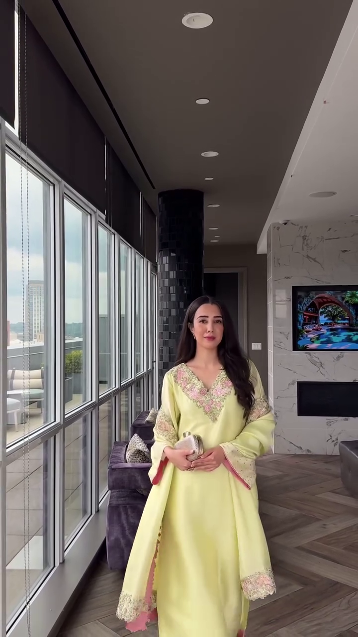 Elegant Pastel Lime Silk Kurta with Intricate Floral Neckline Embroidery and Matching Dupatta. - Image 10