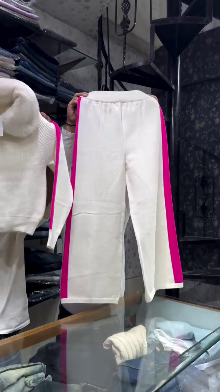 π "Contemporary Pure White Fleece Tracksuit Set with Vibrant Neon Pink Racing Stripes and Fluffy Oversized Collar for Sleek Comfort Lovers" π - Image 2