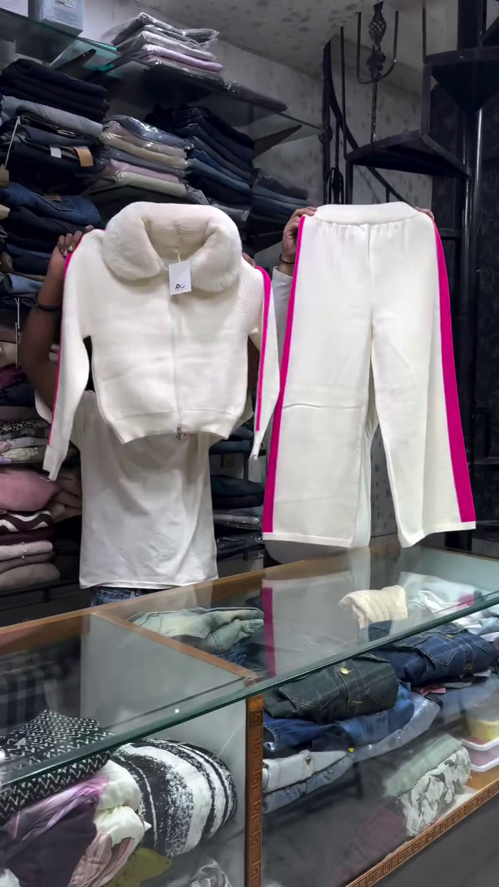 π "Contemporary Pure White Fleece Tracksuit Set with Vibrant Neon Pink Racing Stripes and Fluffy Oversized Collar for Sleek Comfort Lovers" π - Image 3