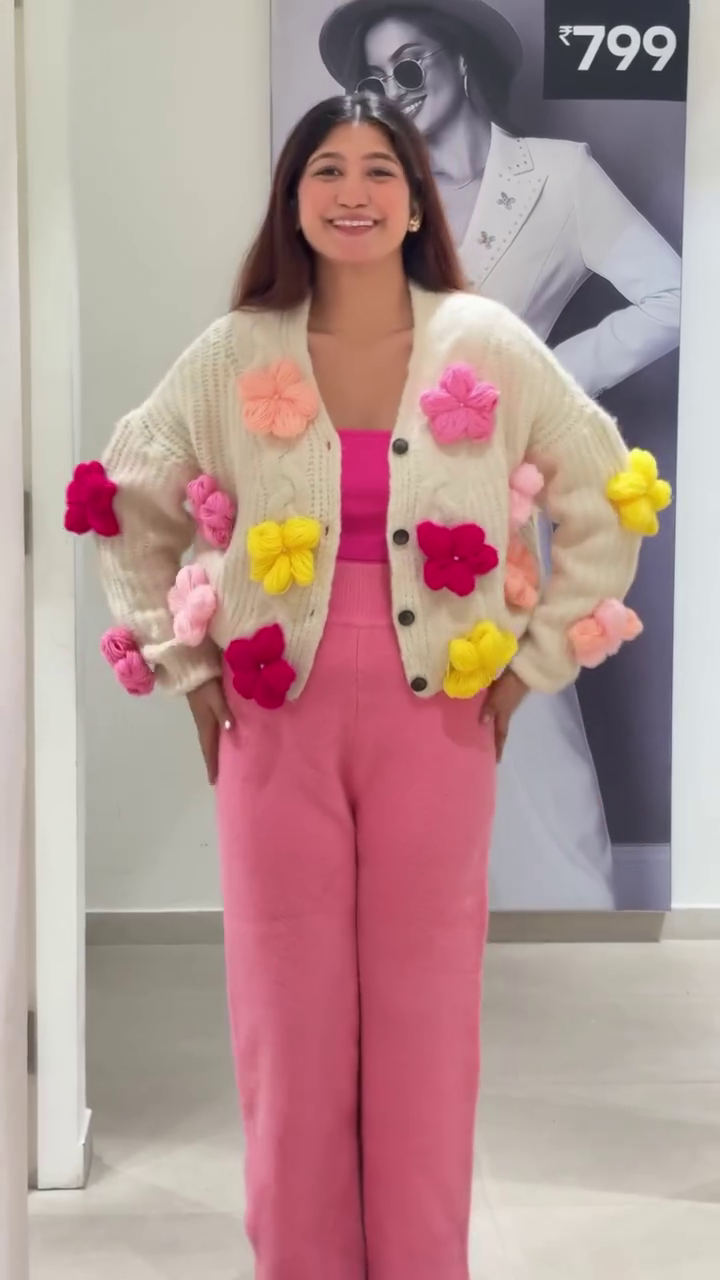 π§Ά "Enchanting Whimsical Yarn Blossom Wonderland Hand-Knit Cream Cardigan Bursting with Plush Pink, Red, and Yellow Flowers for Joyful Fashionistas" π§Άβ - Image 3