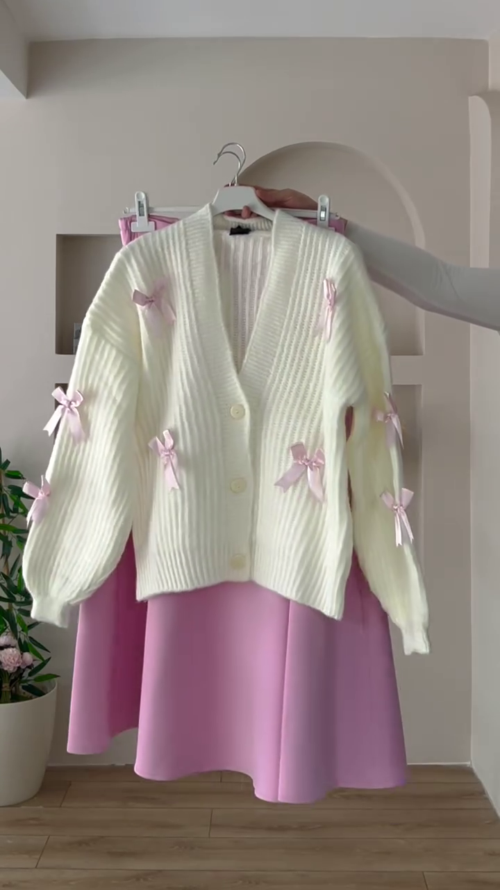 π "Classic Romantic Ribbed Pearl Off-White Cardigan Embellished with Vintage Brown Bows for Lovers of Soft Feminine Dreamy Outfits" πβ - Image 4