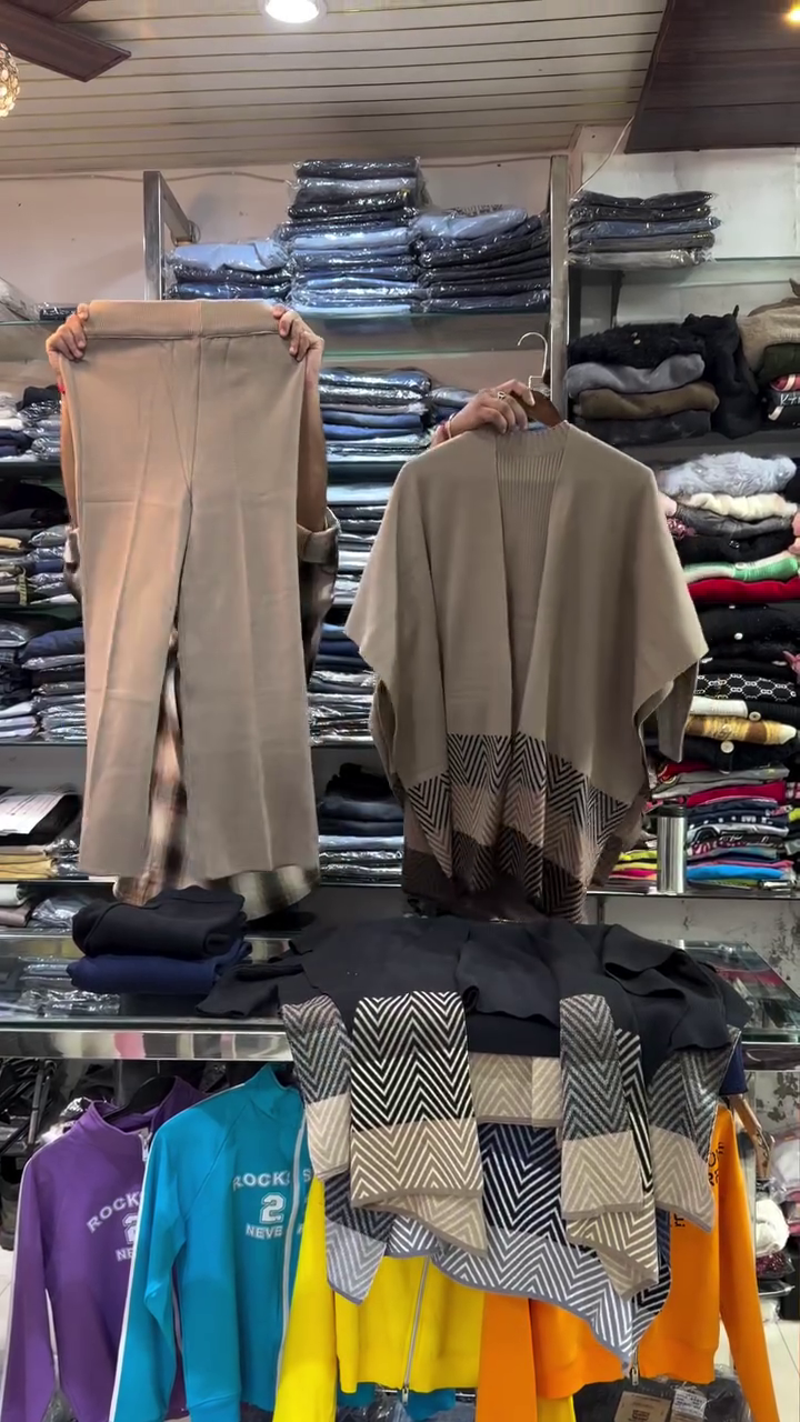 ๐ "Urban Elegance Taupe Chevron Knit Sophisticated Co-ord Set with Draped Cape Cardigan and Sleek Pants for Effortless Day-to-Night Style" ๐โ