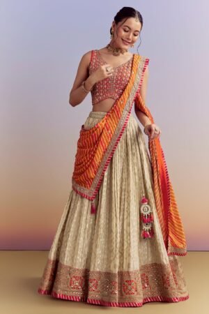 Beige Brocade Lehenga with Orange Leheriya Dupatta