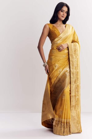 Mustard Gold Banarasi Silk Saree with Antique Zari Border & Traditional Motifs ✨