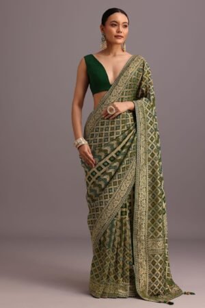  Emerald Green Khaddi Georgette Bandhani Saree with Heavy Zari Border 💚