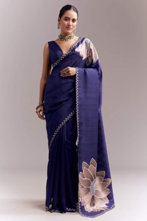 Navy Blue Organza Silk Saree with Oversized Floral Embroidery & Cutwork Border 🌸💙