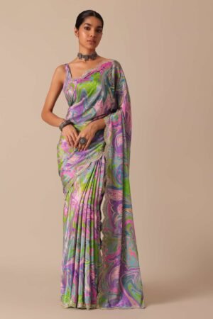 Multicolor Marble‑Print Saree with Mirror‑Work Scallop Border 🌈