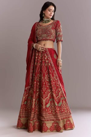 Red Silk Printed Bridal‑Feel Lehenga