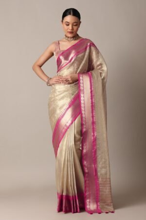  Ivory Silk Saree with Fuchsia Pink Zari Border & Subtle All‑Over Butti 💗